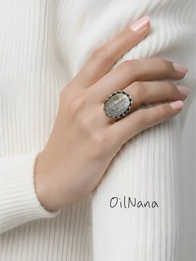 Hand Crafted Silver Plated Botswana Agate Statement Ring Size 6‎ Gift Box